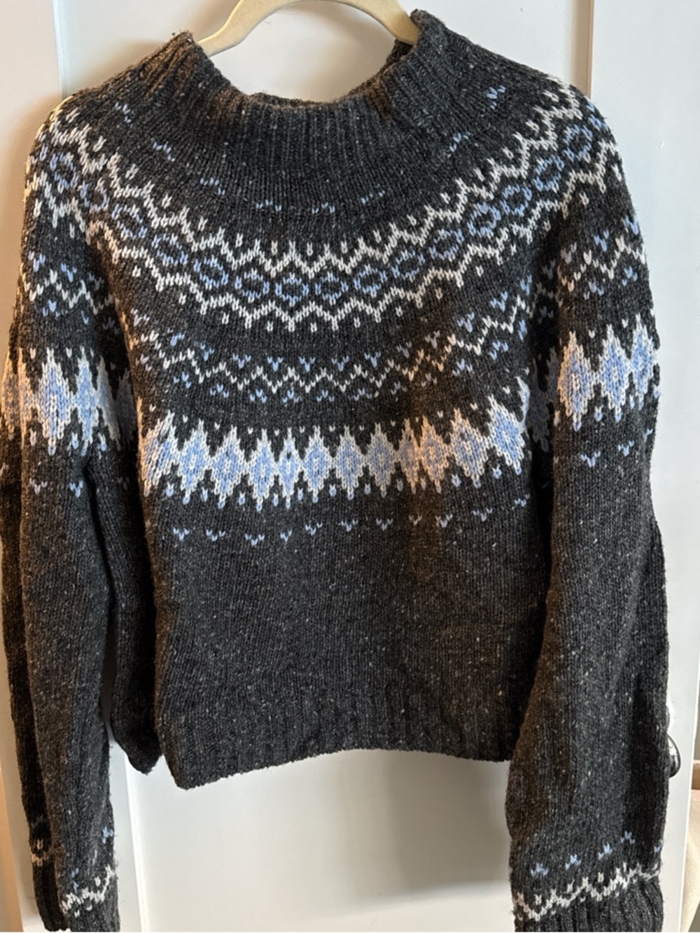 J. Crew Charcoal Fair Isle Scoopneck Sweater with Light Blue Accents